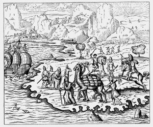 Obchodníci přepravující zboží na pobřeží a čekající loď na velbloudu, 1575 od Unbekannt