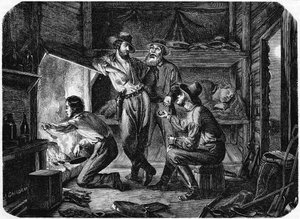 Horníci v kalifornských zlatých polích odpočívající v noci ve svém srubu, 1853 od Unbekannt