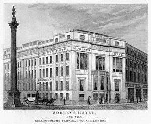 Morleys Hotel a Nelsons Column, Trafalgar Square, Westminster, Londýn, 19. století od Unbekannt