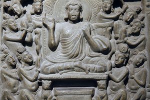 Národní muzeum Indie, Dillí. Ayaga vlys zobrazující scény z Buddhova života a z Jakatů. Ikshvaku, 3. století našeho letopočtu Nagarjunakonda, Andhra Pradesh. Šedivý vápenec. Detail. Indie. od Unbekannt