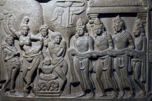 Národní muzeum Indie, Dillí. Buddhovy životní scény. Ikshvaku, 3. století našeho letopočtu Nagarjunakonda, Andhra Pradesh. Šedivý vápenec. Detail. Indie. od Unbekannt