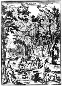 Severoameričtí Huronští indiáni lovící a připravující jídlo v lesích, 1686 od Unbekannt