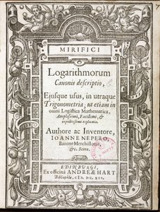 Titulní strana knihy „Mirifici logarithmorum canonis descriptio“ (Podivuhodný kánon logaritmů) od Johna Napiera, barona z Merchistonu (1550–1617), vydaného v Edinburghu (Skotsko) v roce 1614 od Unbekannt