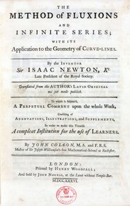 Titulní strana knihy „Metoda toků a nekonečných řad“, od Isaaca Newtona (1642-1727), publikované v Londýně v roce 1736, obsahující hlavní teorie, které značně ovlivnily vědy: binomický teorém, tři univerzální zákony m od Unbekannt