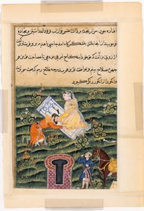 Stránka z Tales of a Parrot Tuti-nama: Padesátá první noc: Khusrau, král králů, c. 1560. od Unbekannt
