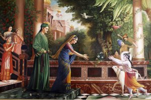 Obraz v Bhaktivedanta Manor zobrazující mladého Krišnu běžícího k matce Yasoda a Nanda Maharaj (jeho pěstouni) Watford Grande-Bretagne od Unbekannt
