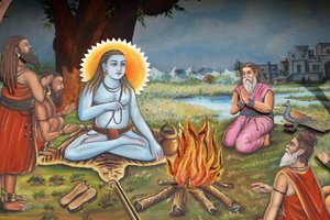 Obraz zobrazující svatého muže (sedícího na tygří kůži jako Šiva) obklopeného stoupenci Haridwar Indie od Unbekannt