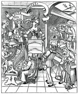 Personifikace hudby, s pomocníky, básníkem a hudebníky, 1508, 1870 od Unbekannt