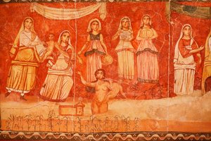 Faraon a dětství Mojžíše, freska ze synagogy v Doura (Dura) Europos, 244-245, uložená v Národním muzeu v Damašku. Fotografie pořízená v židovském muzeu v New Yorku během výstavy. od Unbekannt