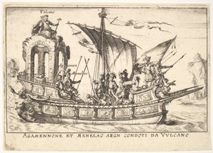 Deska 10: Agamemnon a Menelaos sedící na člunu doprovázeni dalšími postavami včetně V..., 1664. od Unbekannt