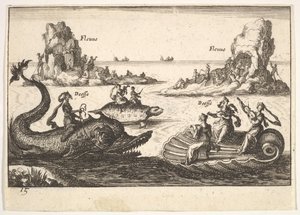 Deska 15: Řeky a bohyně, s plovoucími ostrovy vedenými tyčonoši, ženská postava..., 1664. od Unbekannt