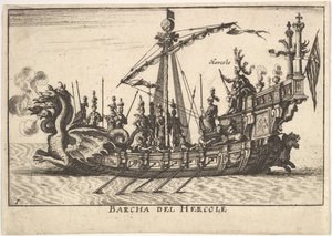 Deska 1: Loď Herkula Barcha del Hercole s přídí s dračí hlavou a Herkulesem na pl..., 1664. od Unbekannt