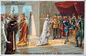 Papež Štěpán II prosí o bezpečnost Pepina Krátkého od Langobardů, kolem 750 našeho letopočtu, 19. století od Unbekannt