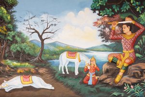 Klášter Preah Prom RathŽivot BuddhyVelká tonzura: Buddha si ostříhá vlasy mečem, poté převlékl princův oděv za žebrácké roucho, poté začal svou výpravu za osvícením, Siem Reap, Kambodža od Unbekannt