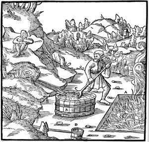 Výroba soli odpařováním přírodní solanky jejím nasypáním do jámy s hořícím dřevěným uhlím, 1556 od Unbekannt