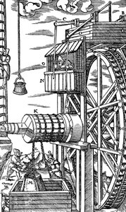 Oboustranný kladkostroj pro zvedání kožených kbelíků z důlní šachty, 1556 od Unbekannt