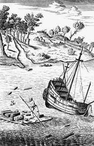 Robinson Crusoe zachraňuje své zboží z vraku lodi, c1719 od Unbekannt
