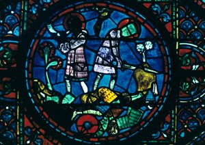 Roland zlomí svůj meč a zatroubí na roh, barevné sklo, katedrála v Chartres, Francie, 1194-1260 od Unbekannt