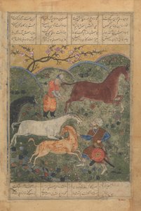 Rustam zajme koně Rakhsh, Folio ze Shahnama Book of Kings..., konec 15. století. od Unbekannt