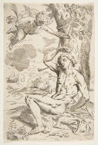 Svatý Sebastián probodnutý šípy a přivázaný ke stromu, kopie po Cantarini, ca. 1639 nebo později. od Unbekannt