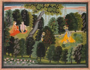 Sakhi přesvědčuje Radhu, aby se setkala s Krišnou, z Lambagraon Gita Govinda..., c. 1820-1825. od Unbekannt