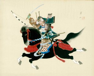 Samurajský válečník jedoucí na koni. Japonská malba na hedvábí v tradičním japonském stylu od Unbekannt