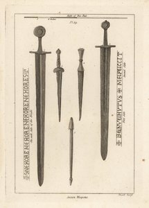 Saské zbraně: starověký železný meč 1,2 a dirky a dýky 3,4 nalezené v řece Wytham, Lincolnshire, a střela z kuše nalezená v táboře v Danbury, Essex 5 od Unbekannt