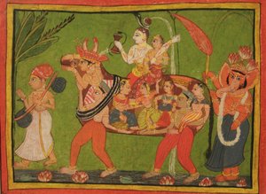 Shiva a Parvati na kompozitní krávě ze shromážděných žen od Unbekannt