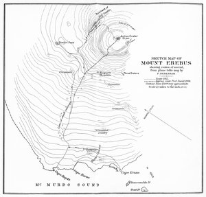 Skica mapy hory Erebus zobrazující trasy výstupu, c1912, 1913 od Unbekannt
