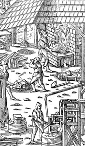 Tavicí železo a tlučící tyče s mechanickým kladivem, 1556 od Unbekannt