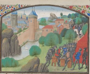 Vojáci hrající kostky před městem Caesarea. Miniatura z Historia od Viléma z Tyru, 60. léta 14. století od Unbekannt