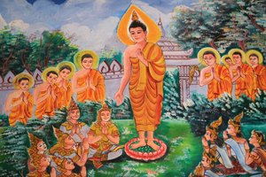 Šíření Dharmy. Život Buddhy. Stropní umělecká díla zobrazující život Buddhy. Wat Inpeng. Vientiane. Laos, 20151029, Vientiane, Laos od Unbekannt