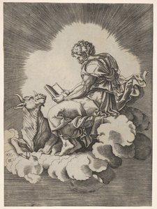 Svatý Lukáš, sedící na oblaku s otevřenou knihou v obou rukou, býk ležící u svého poplatku..., po roce 1518. od Unbekannt
