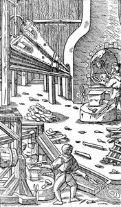 Výroba oceli: kovárna s měchem na výrobu tahu, 1556 od Unbekannt