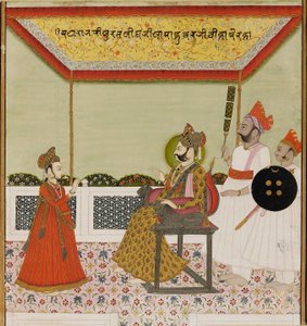 Surat Singh sedí na trůnu vyzbrojeném lvy a přijímá svého malého syna, c1800 od Unbekannt