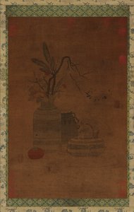 Tapiserie: miska, dvě sklenice, květiny a ovoce, možná dynastie Ming, 1368-1644. od Unbekannt