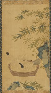 Tapiserie: holubice koupající se v misce, kameny a bambusy, možná dynastie Ming, 1368-1644. od Unbekannt