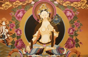 Thangka zobrazující bohyni bílé Tary, buddhistický symbol dlouhého života, Bhaktapur, Nepál