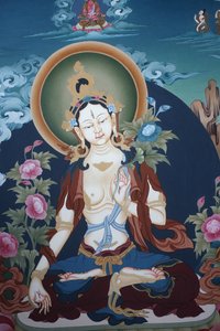 Thangka zobrazující bohyni bílé Tary, buddhistický symbol dlouhého života, Bhaktapur, Nepál