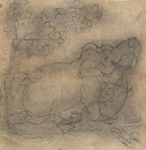 Sloní král zápasil s krokodýlem: Ilustrace ze série Gajendra Moksha, konec 19. století. od Unbekannt