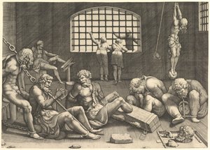 The Prison, skupina mužů v kobce svázaných řetězy a okovy, vpravo postava....n.d. od Unbekannt