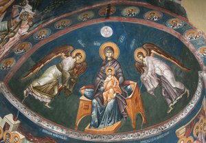 Panna trůnící s Kristem Emanuelem s archanděly Michaelem a Gabrielem, 14. století od Unbekannt
