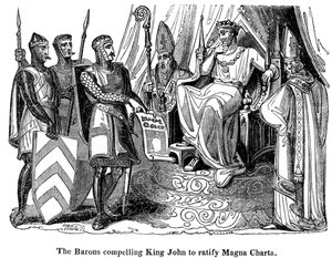Baroni nutí krále Jana 1167-1216, aby ratifikoval Magna Chartu, 1215 od Unbekannt