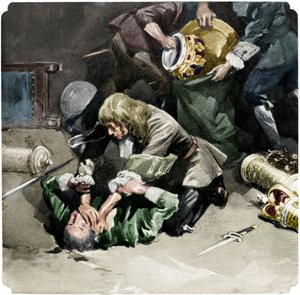 Thomas Blood se pokouší ukrást korunovační klenoty z Tower of London v roce 1671, 1937 od Unbekannt