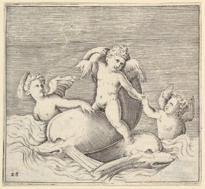 Tři amorové a dva delfíni, publikoval ca. 1599-1622. od Unbekannt