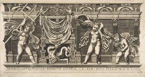 Tři amorové před průčelím s pilastry, jeden drží trojzubec a druhý..., ca. 1515-1600. od Unbekannt