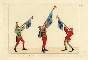 Tři heroldi s trubkami zdobenými fleur-de-lis standardy od Unbekannt