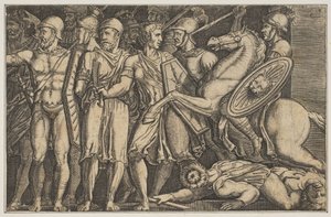 Trajan bojující s Dáky, Trajan na koni vpravo jedoucí ke skupině ..., ca. 1515-1600. od Unbekannt