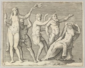 Dvě postavy, Faun a Satyr se blíží k ležící ženě, publikované ca. 1599-1622. od Unbekannt