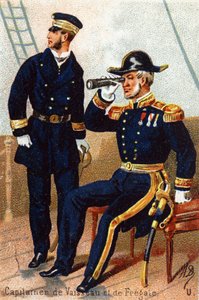 U: Kapitán lodí a fregaty. Rytina ve "vojenské abecedě" . Iniciály ilustrátora: A. D. Neznámý vydavatel. Chromolitografie konce 19. století. Rozměr: 10,5 x 7 cm. od Unbekannt